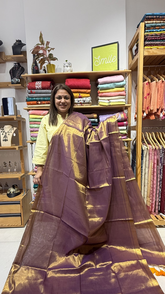 Image of Tissue Mul Mul Saree - Copper
