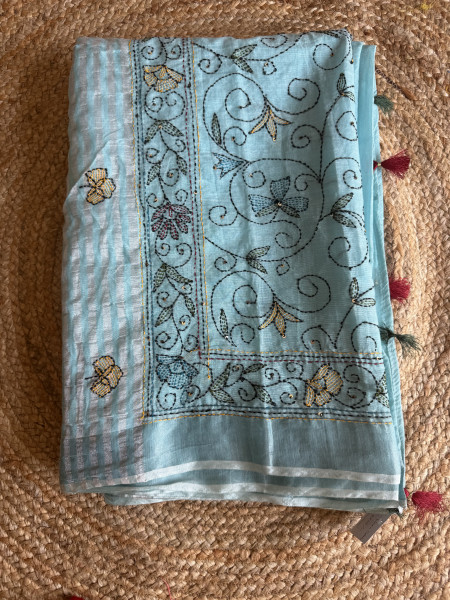Kantha Stitch Linen Cotton Saree - Blue