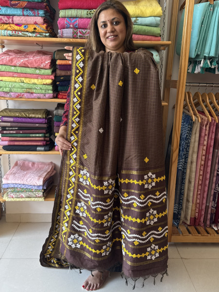Gadhwal Saree with Gujarati Handwork - Brown