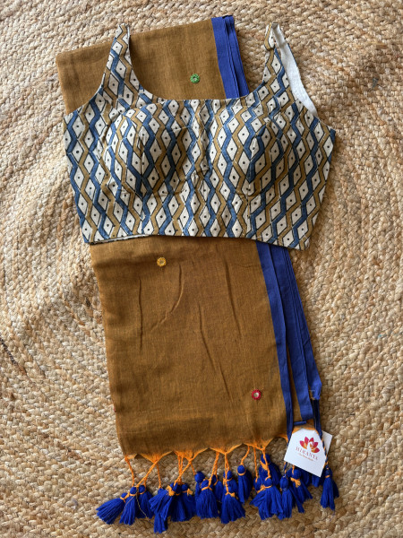 Combo - Mirror Hand Embroidered Mul Saree with Free Size Sleeveless Blouse