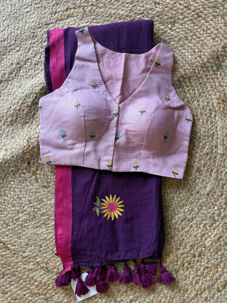 Combo - Machine Embroidered Mul Saree with Sleeveless Blouse