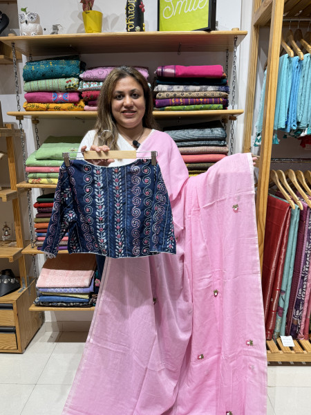 Viral Combo - Pink handwork saree with Indigo handwork blouse -14 Days Making Time