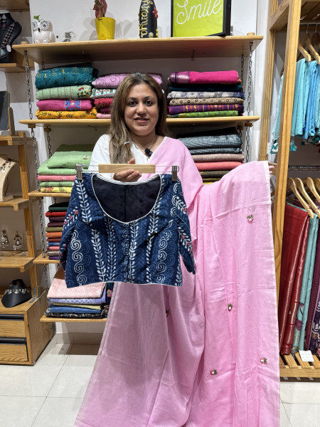 Viral Combo - Pink handwork saree with Indigo handwork blouse -14 Days Making Time