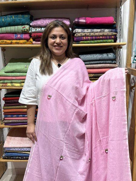 Viral Combo - Pink handwork saree with Indigo handwork blouse -14 Days Making Time