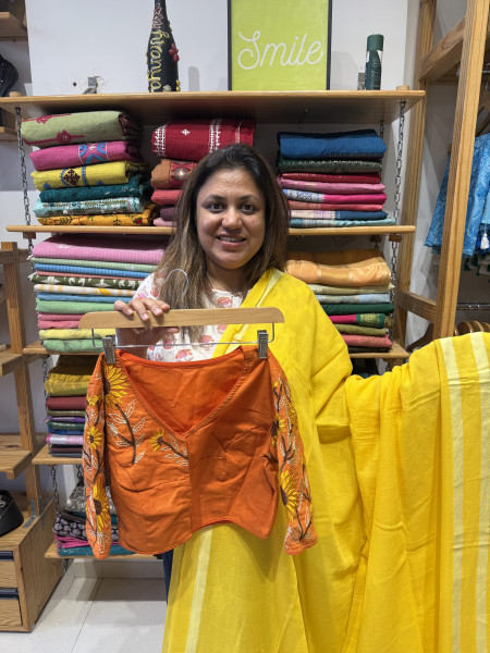 Yellow Mul Saree with Orange Sunflower blouse