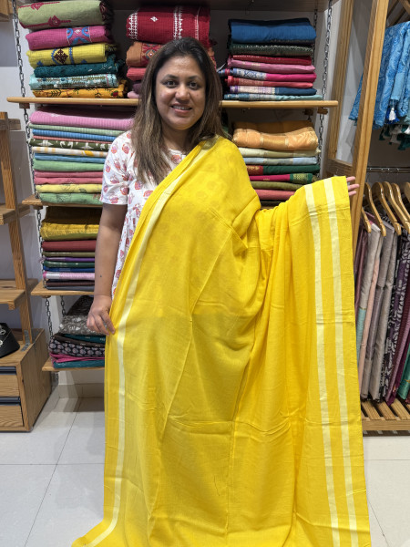 Yellow Mul Saree with Orange Sunflower blouse