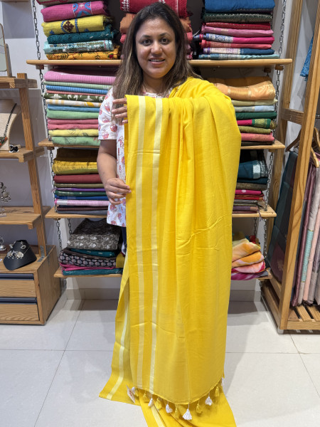 Yellow Mul Saree with Orange Sunflower blouse