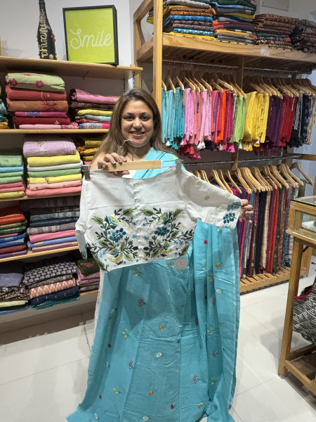 Aqua Blue mul saree with bestseller blouse