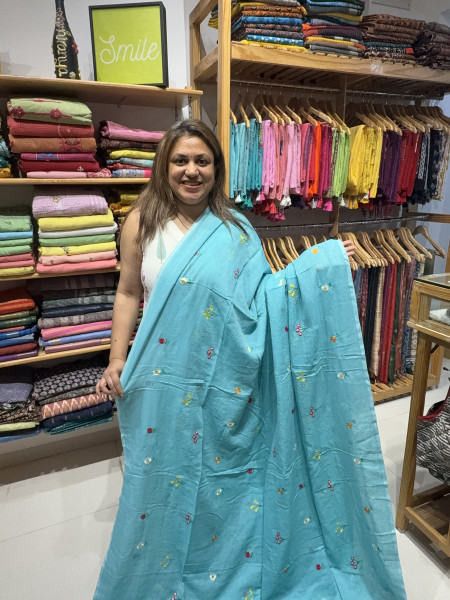 Aqua Blue mul saree with bestseller blouse