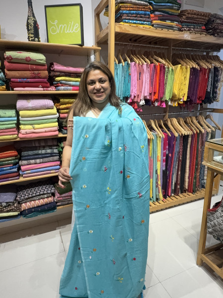 Aqua Blue mul saree with bestseller blouse
