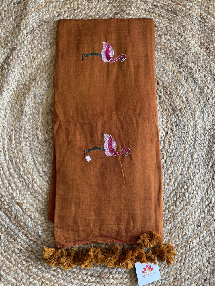 Image of Flamingo Embroidered Mul Saree