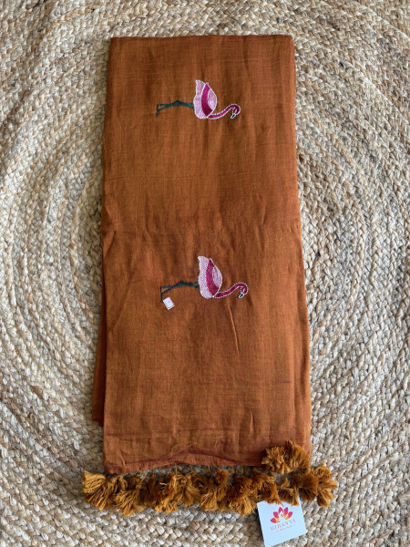 Flamingo Embroidered Mul Saree