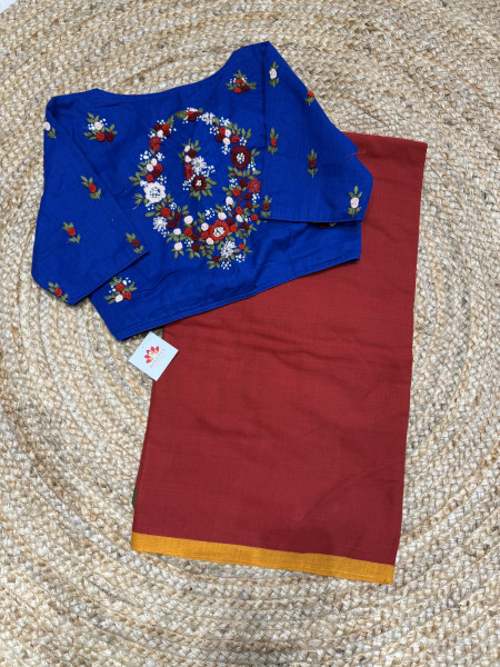 Cotton Saree with Hand Embroidered Free Size Blouse