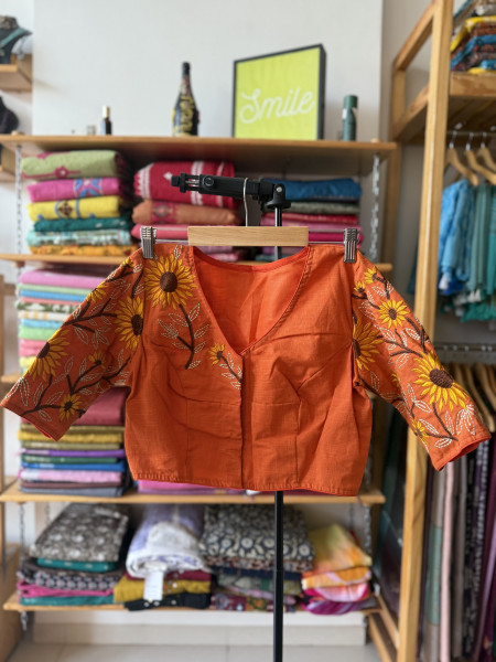 Yellow Mul Saree with Orange Sunflower blouse
