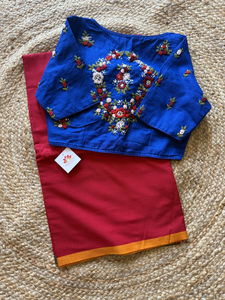 Image of Cotton Saree with Hand Embroidered Free Size Blouse