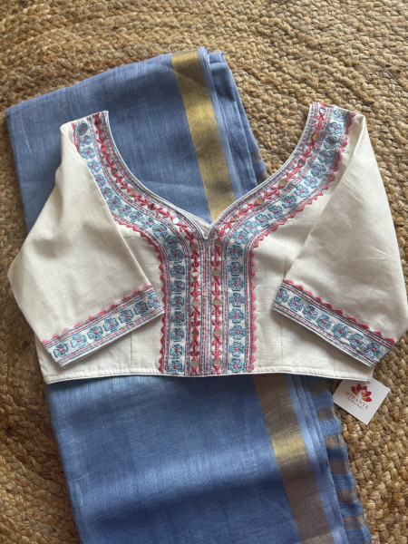 Pure Linen Saree with Embroidered Blouse