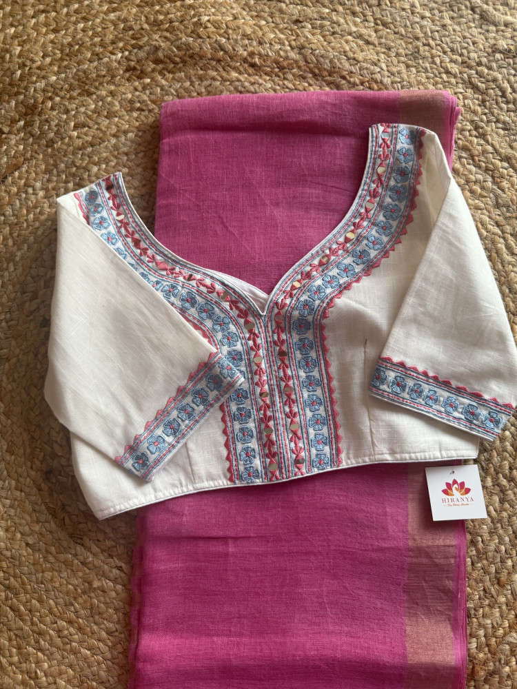 Image of Pure Linen Saree with Embroidered Blouse