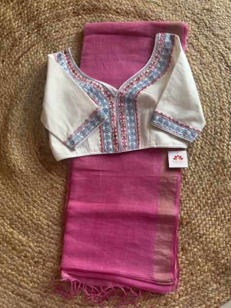 Pure Linen Saree with Embroidered Blouse