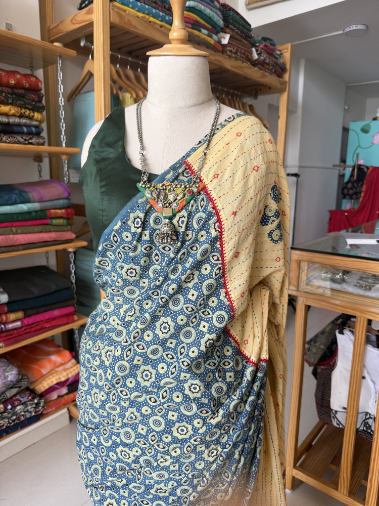 Image of Ajrakh handblock print designer Saree