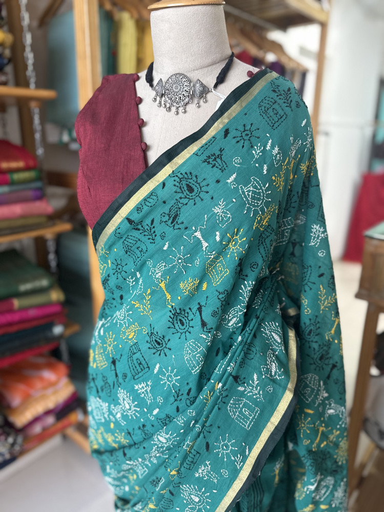 Image of Warli Embroidery on Pure Cotton Saree