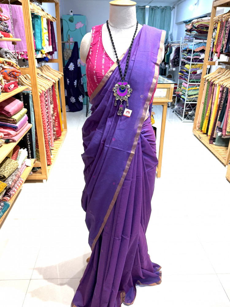 Image of Pure cotton Purple meenakari work saree-ONLY SAREE