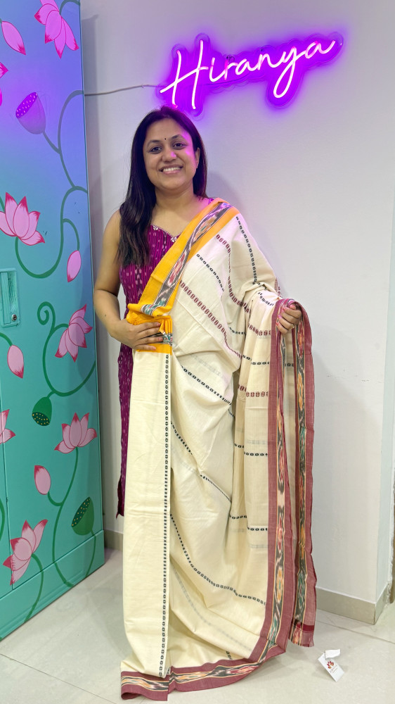 Image of Handwoven Saree with Sambhalpuri Border | Cream