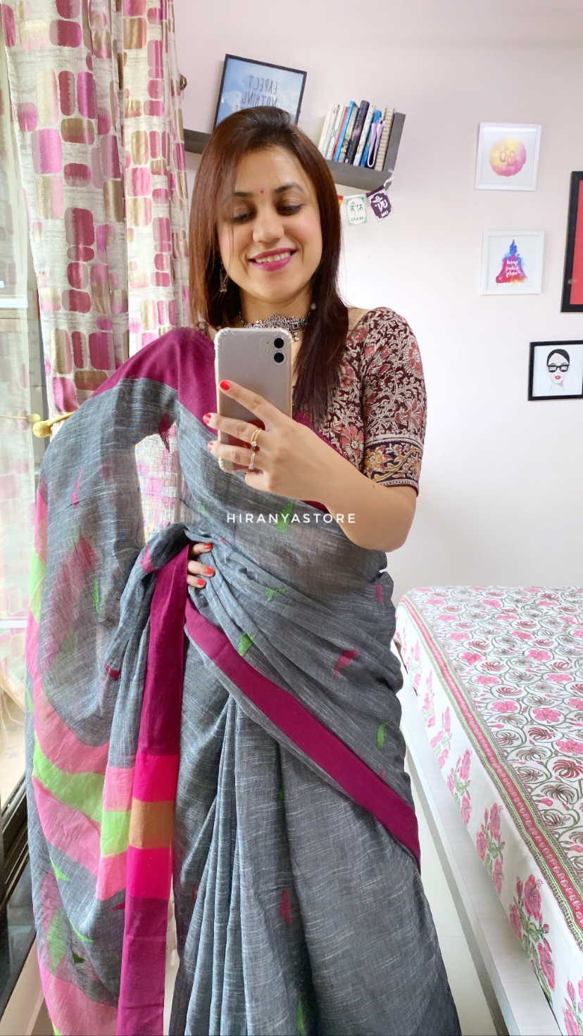Khadi Saree with Zari border Grey