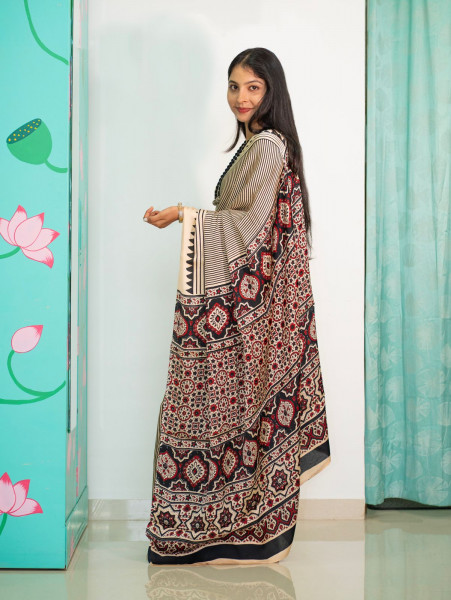 Modal Screen Print Saree - Ajrakh Pallu - Black