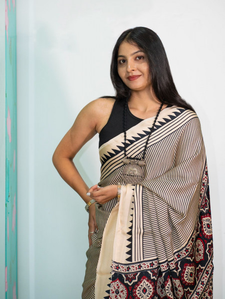 Modal Screen Print Saree - Ajrakh Pallu - Black