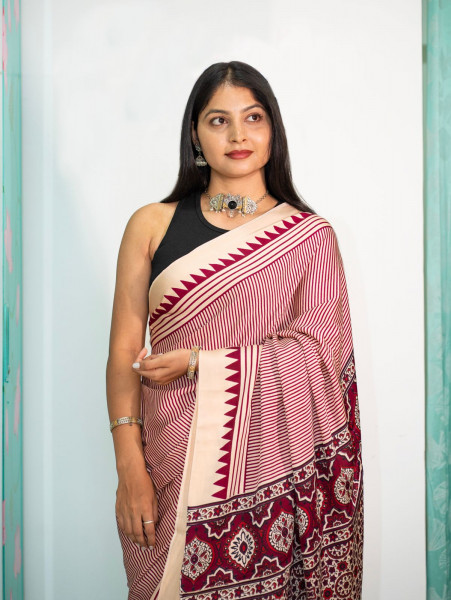 Modal Screen Print Saree - Ajrakh Pallu - Red