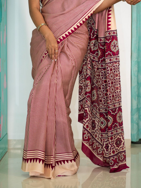 Modal Screen Print Saree - Ajrakh Pallu - Red