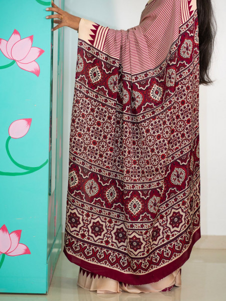 Modal Screen Print Saree - Ajrakh Pallu - Red