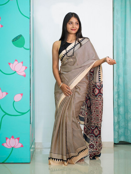 Modal Screen Print Saree - Ajrakh Pallu - Black