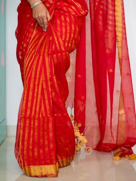 Mercerized Cotton Needle Jamdani Weaving Saree -RED