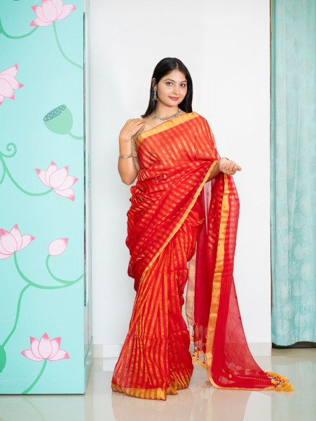 Mercerized Cotton Needle Jamdani Weaving Saree -RED