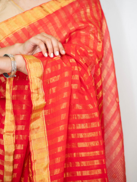 Mercerized Cotton Needle Jamdani Weaving Saree -RED