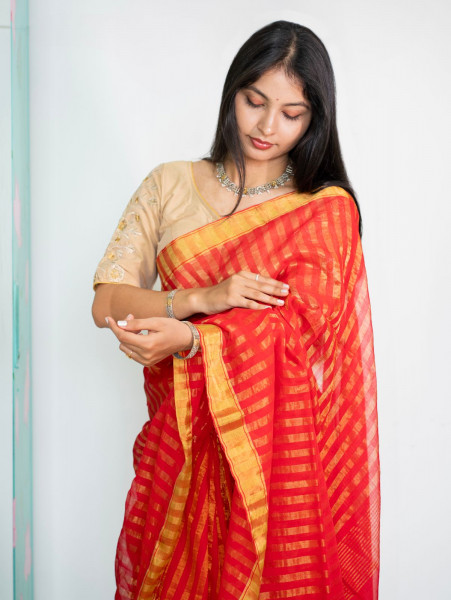 Mercerized Cotton Needle Jamdani Weaving Saree -RED