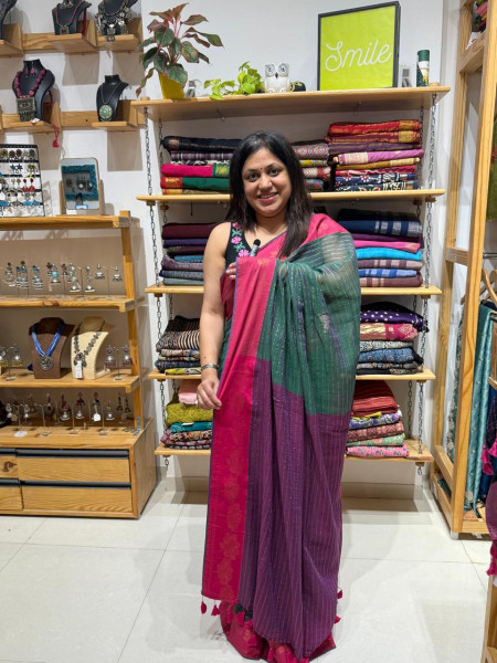 Mul cotton Lotus zari border Saree |Peacock Green