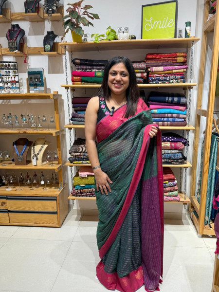 Mul cotton Lotus zari border Saree |Peacock Green
