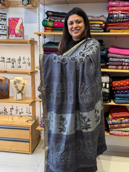 Art Chanderi Ajrakh Print Saree | Grey