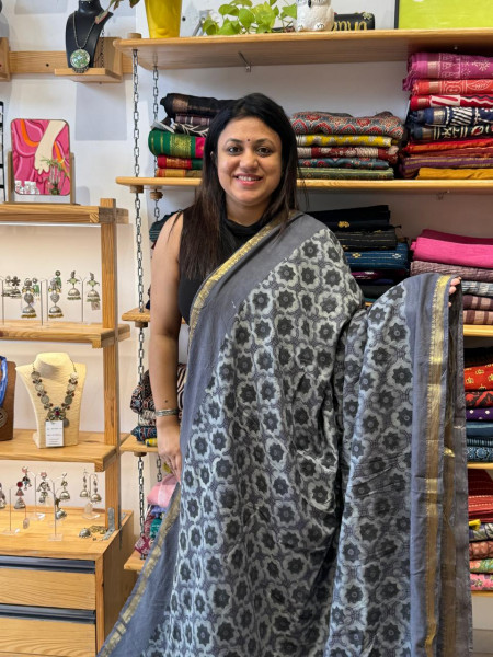 Art Chanderi Ajrakh Print Saree | Grey