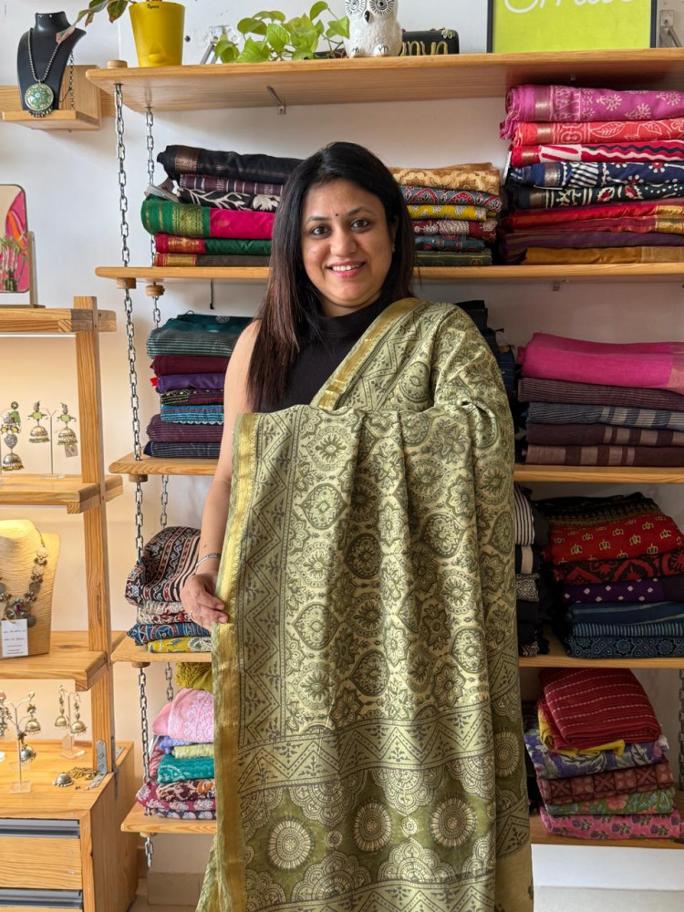 Image of Art Chanderi Handblock Print Saree Green