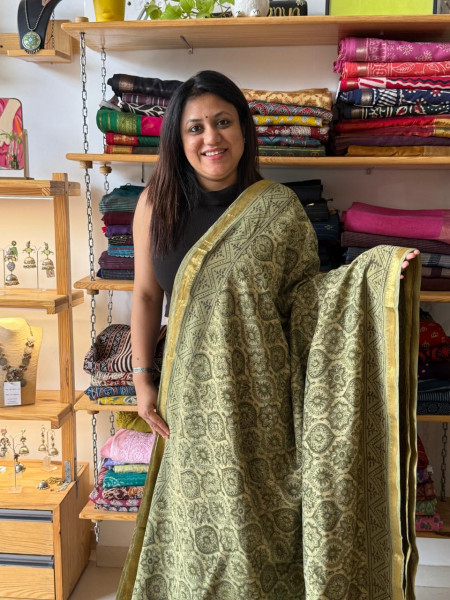 Art Chanderi Handblock Print Saree Green