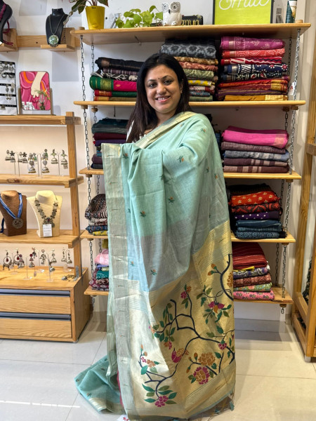 Muga Cotton Paithani Saree | Sea Green