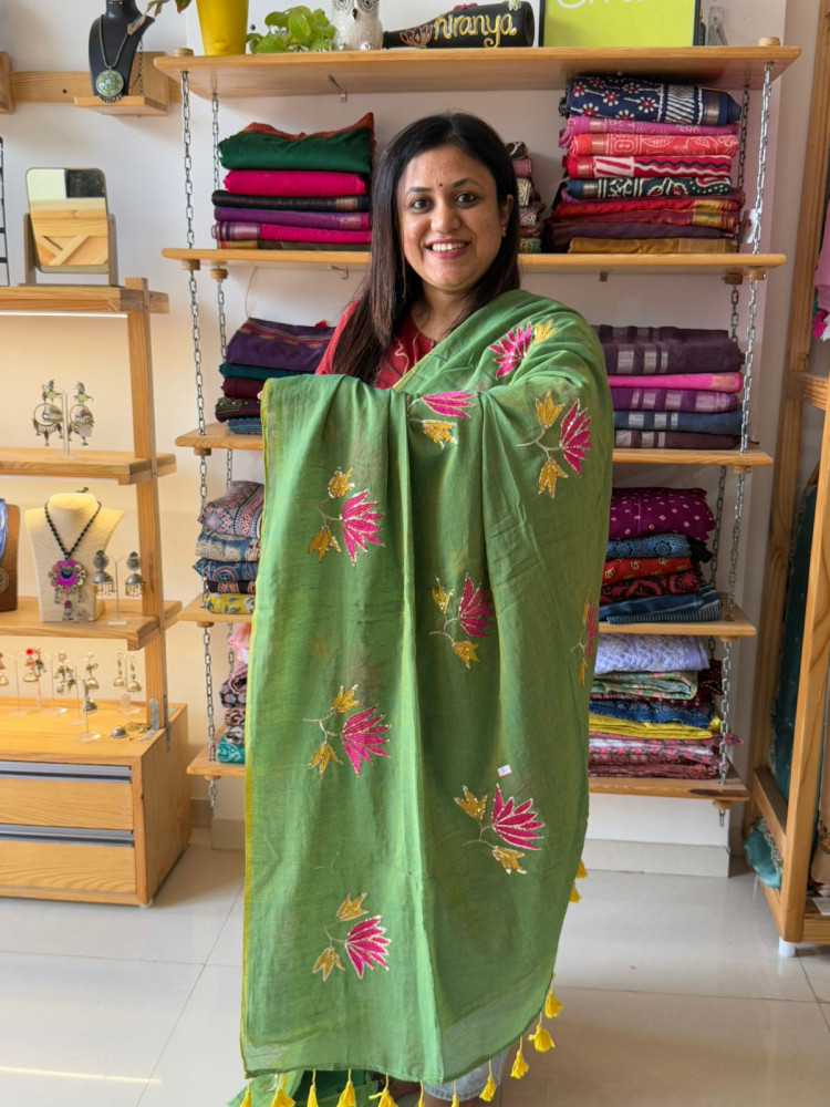 Image of Lotus Embroidery and Sequence Work MUL SAREE Green