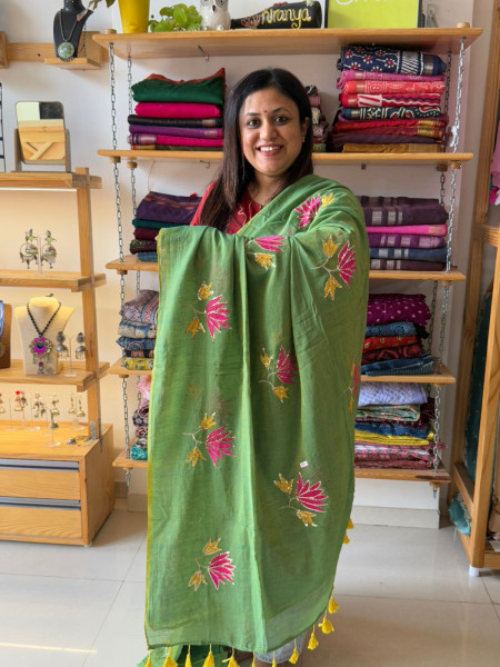 Lotus Embroidery and Sequence Work MUL SAREE Green