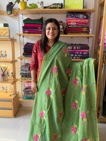 Lotus Embroidery and Sequence Work MUL SAREE Green
