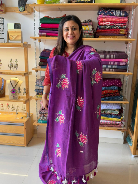 Lotus Embroidery and Sequence Work MUL SAREE Purple
