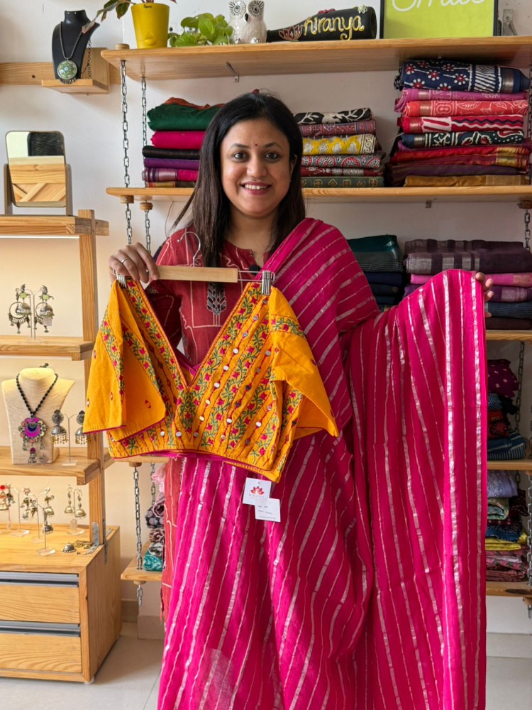 Image of Combo - Pink Saree Mustard Blouse