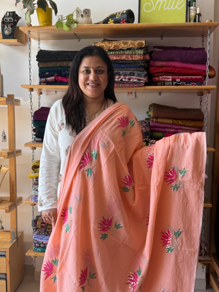 Lotus Embroidery and Sequence Work MUL SAREE Peach